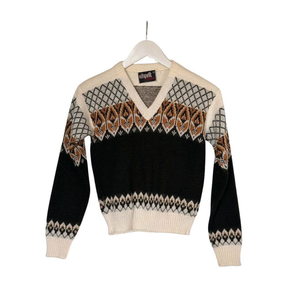 Vintage 80s Esprit by Campus Fair Isle Sweater – XS – Made in USA – Black Ivory